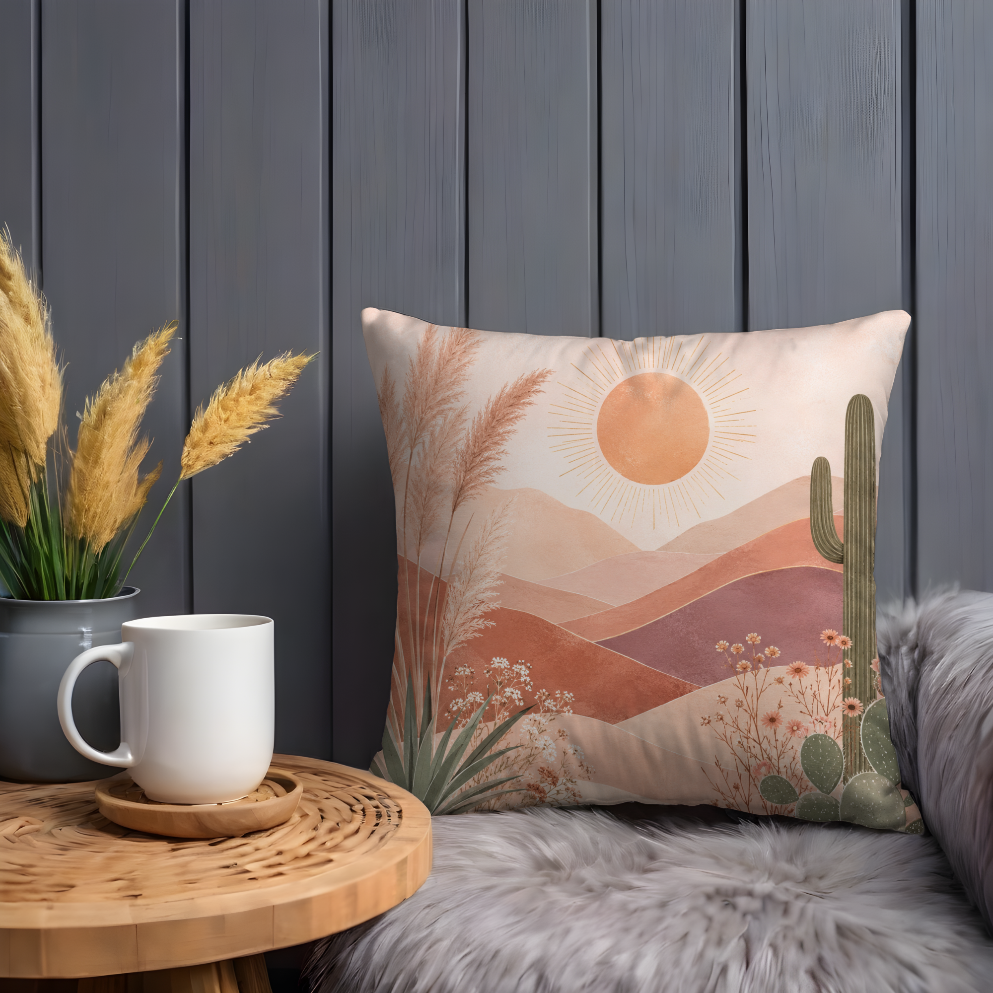 Desert Sunset Pillow Cover | Serene Landscape Art | Neutral Boho Decor