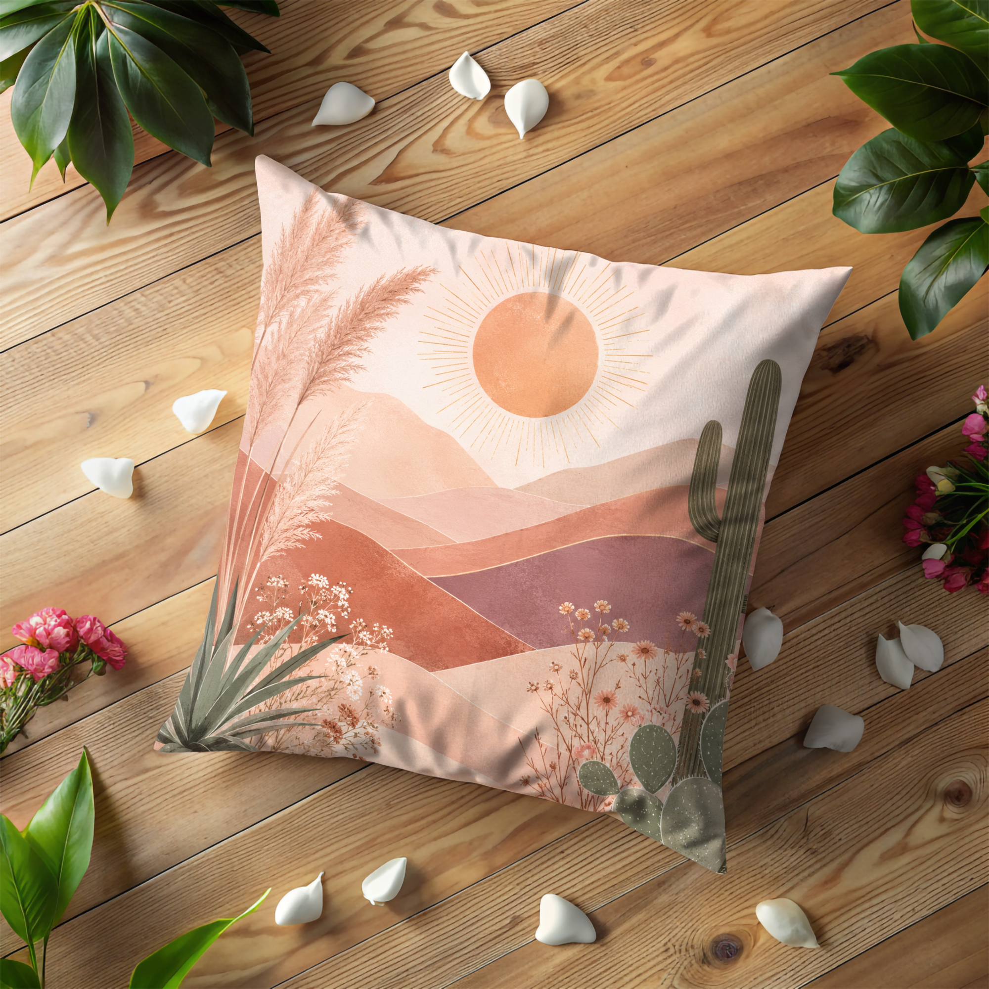 Desert Sunset Pillow Cover | Serene Landscape Art | Neutral Boho Decor