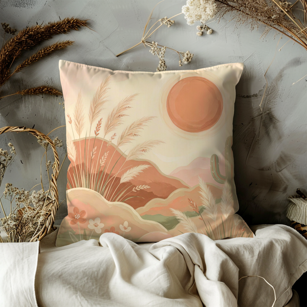 Desert Pampas Grass Pillow Cover – Serene Landscape Art | Neutral Boho Decor