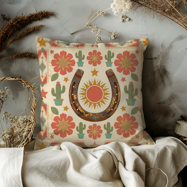 Western Horseshoe Pillow Cover – Rustic Cowboy Art | Southwestern Decor