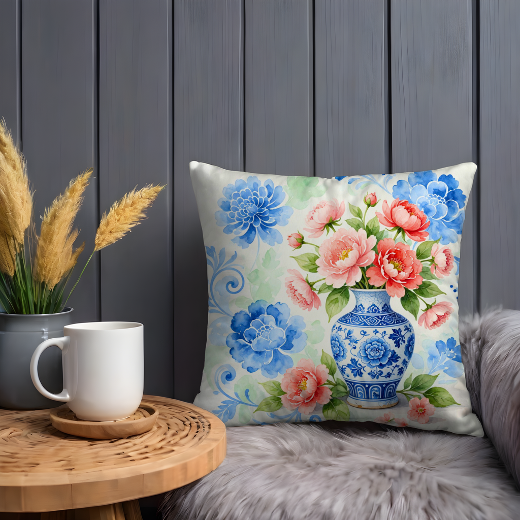 Porcelain Vase Floral Pillow Cover | Chinoiserie Art | Elegant Decor
