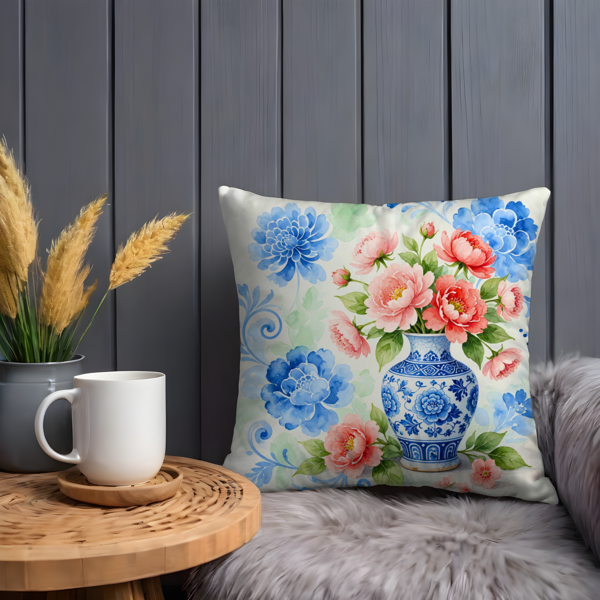 Porcelain Vase Floral Pillow Cover | Chinoiserie Art | Elegant Decor