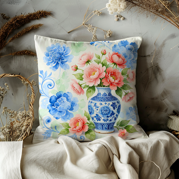 Porcelain Vase Floral Pillow Cover – Chinoiserie Art | Elegant Decor