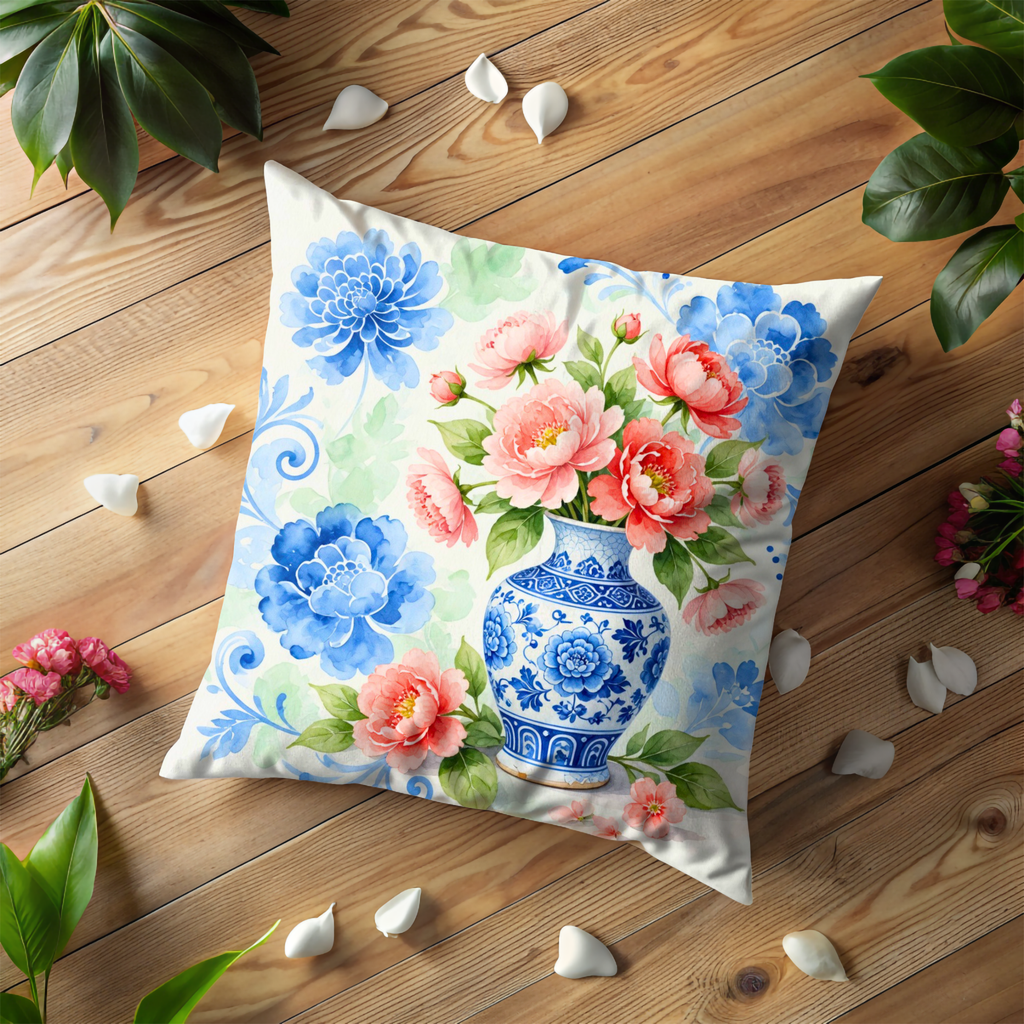 Porcelain Vase Floral Pillow Cover | Chinoiserie Art | Elegant Decor