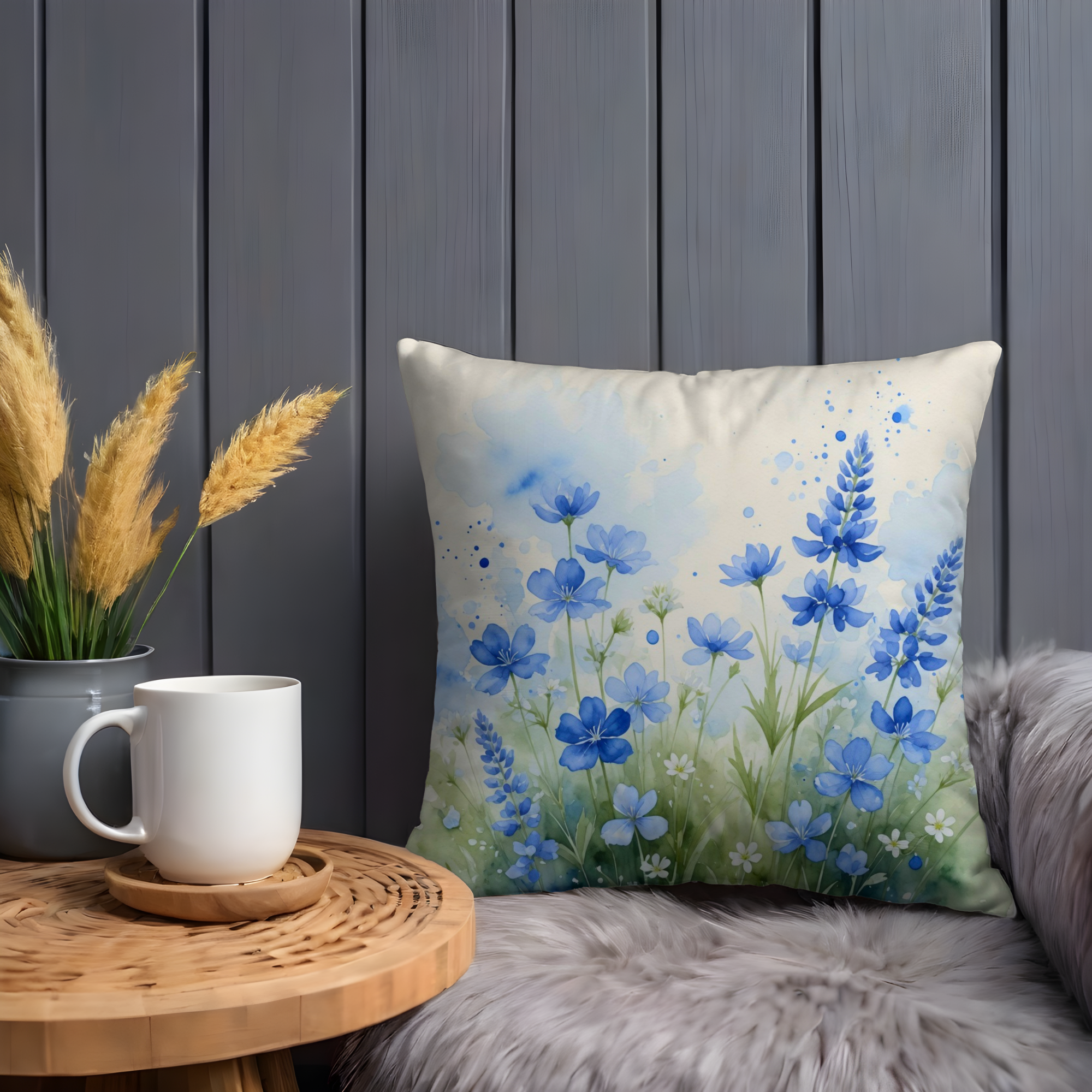 Blue Wildflower Pillow Cover | Delicate Watercolor Art | Soft Nature Decor