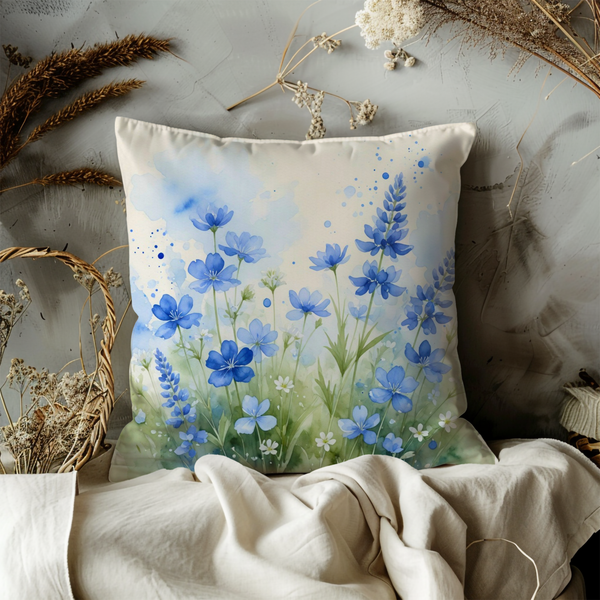 Blue Wildflower Pillow Cover | Delicate Watercolor Art | Soft Nature Decor