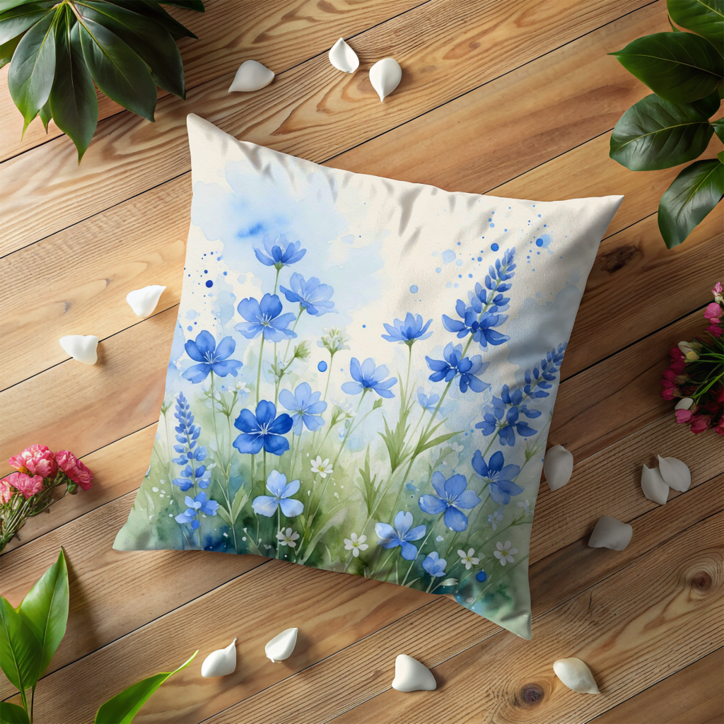 Blue Wildflower Pillow Cover | Delicate Watercolor Art | Soft Nature Decor