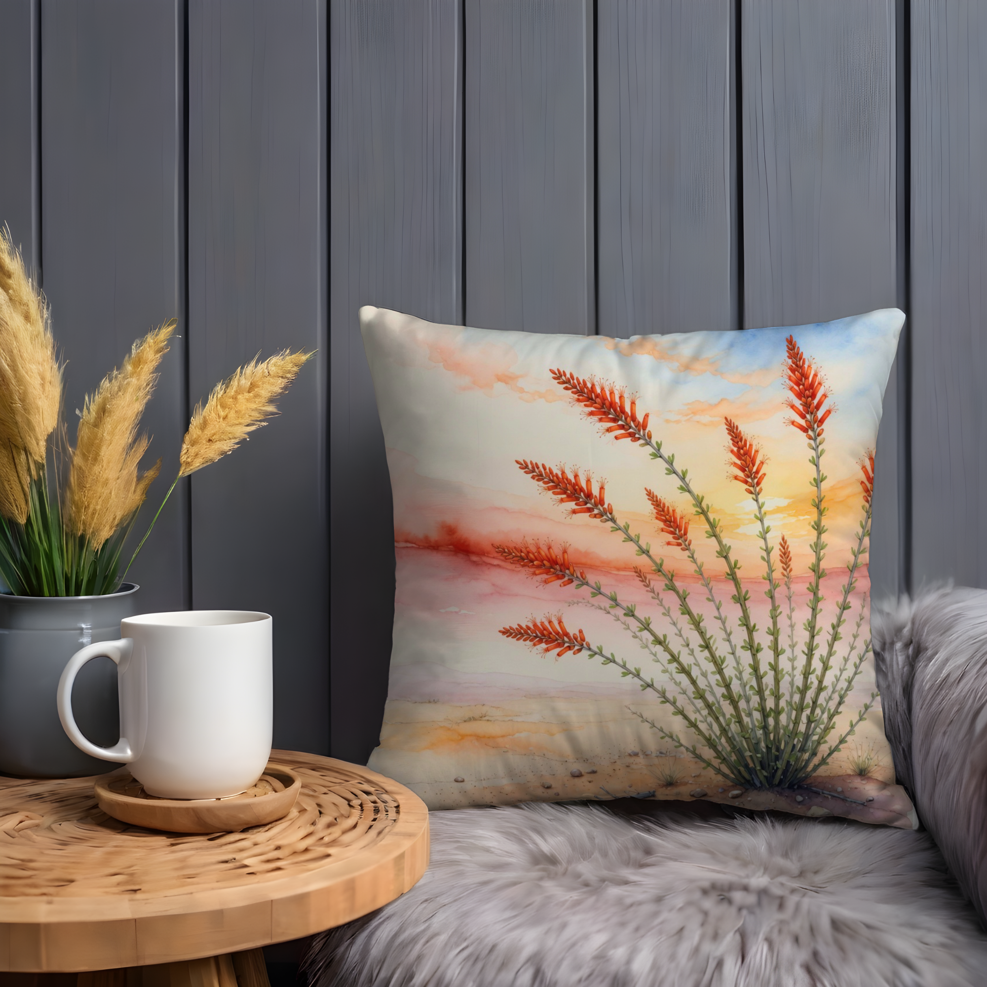 Ocotillo Sunset Pillow Cover | Desert Botanical Art | Neutral Boho Decor