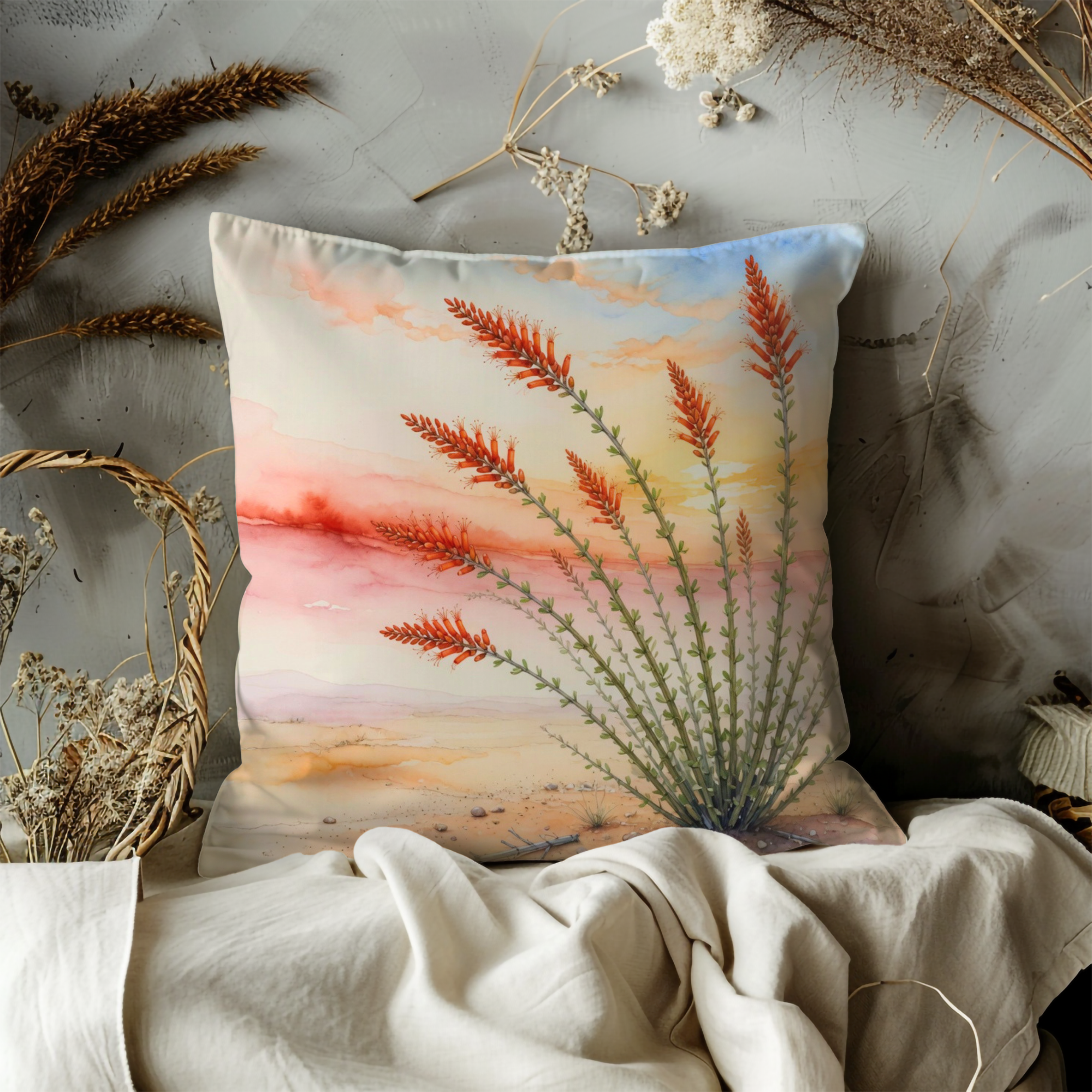 Ocotillo Sunset Pillow Cover | Desert Botanical Art | Neutral Boho Decor
