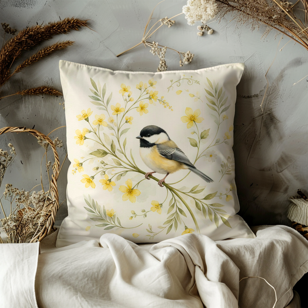 Chickadee Yellow Flower Pillow Cover – Delicate Bird Art | Soft Nature Decor