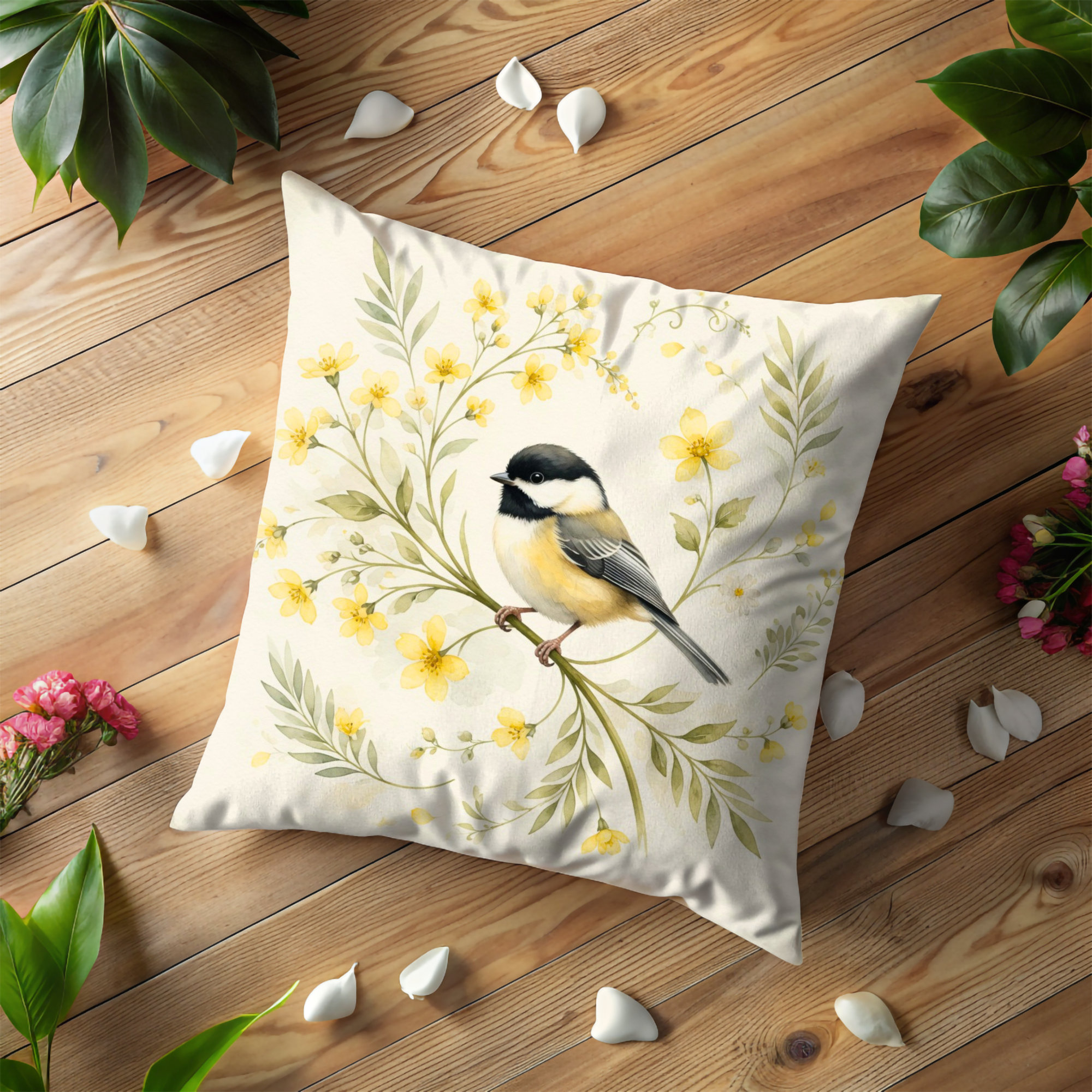 Chickadee Yellow Flower Pillow Cover | Delicate Bird Art | Soft Nature Decor