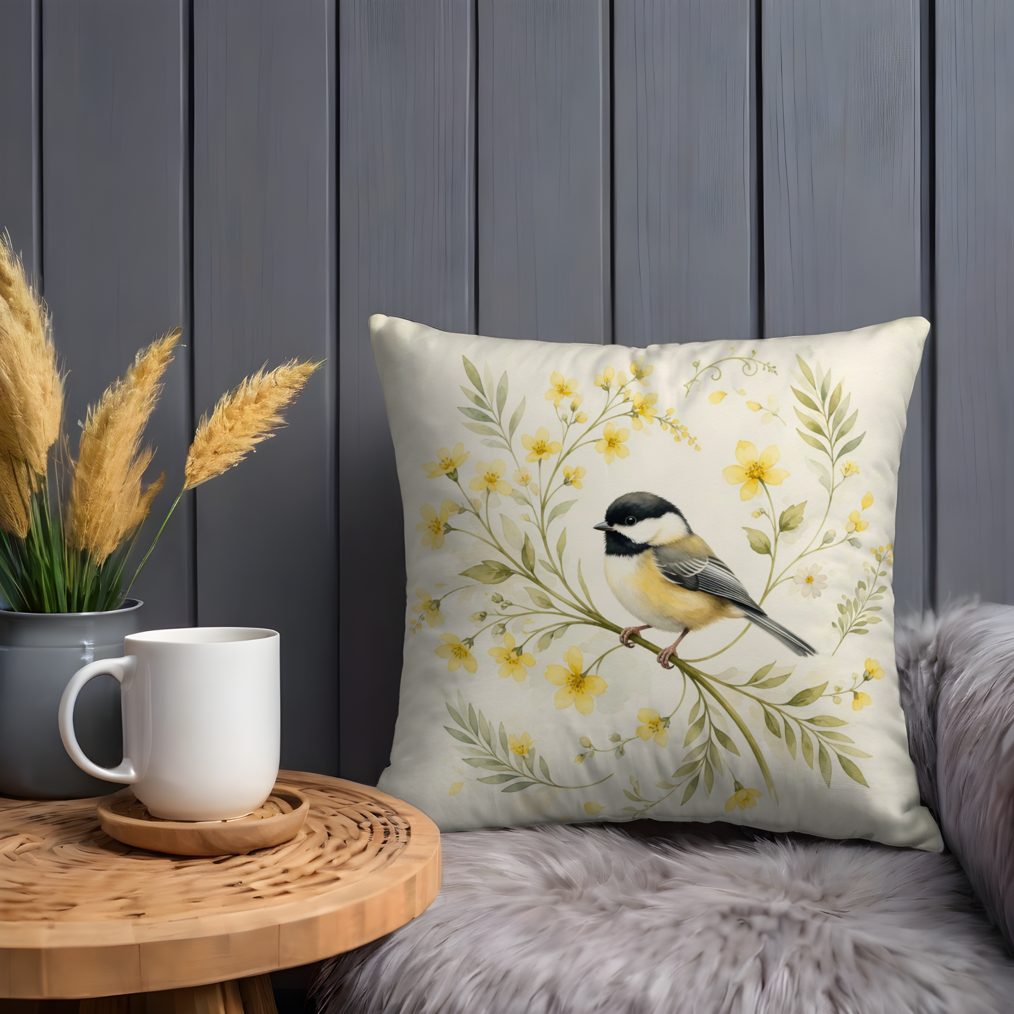 Chickadee Yellow Flower Pillow Cover | Delicate Bird Art | Soft Nature Decor