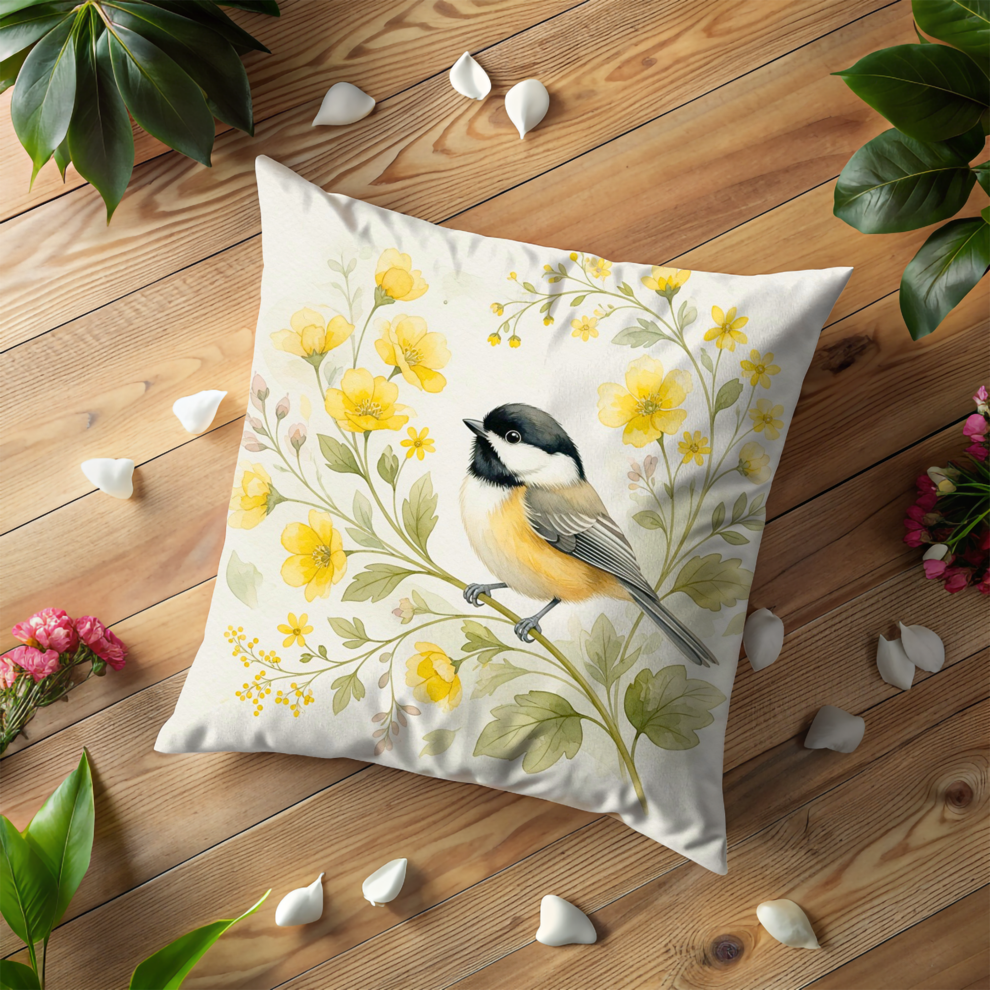 Chickadee Bird Pillow Cover | Yellow Flower Art | Cottagecore Decor