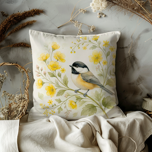 Chickadee Bird Pillow Cover – Yellow Flower Art | Cottagecore Decor