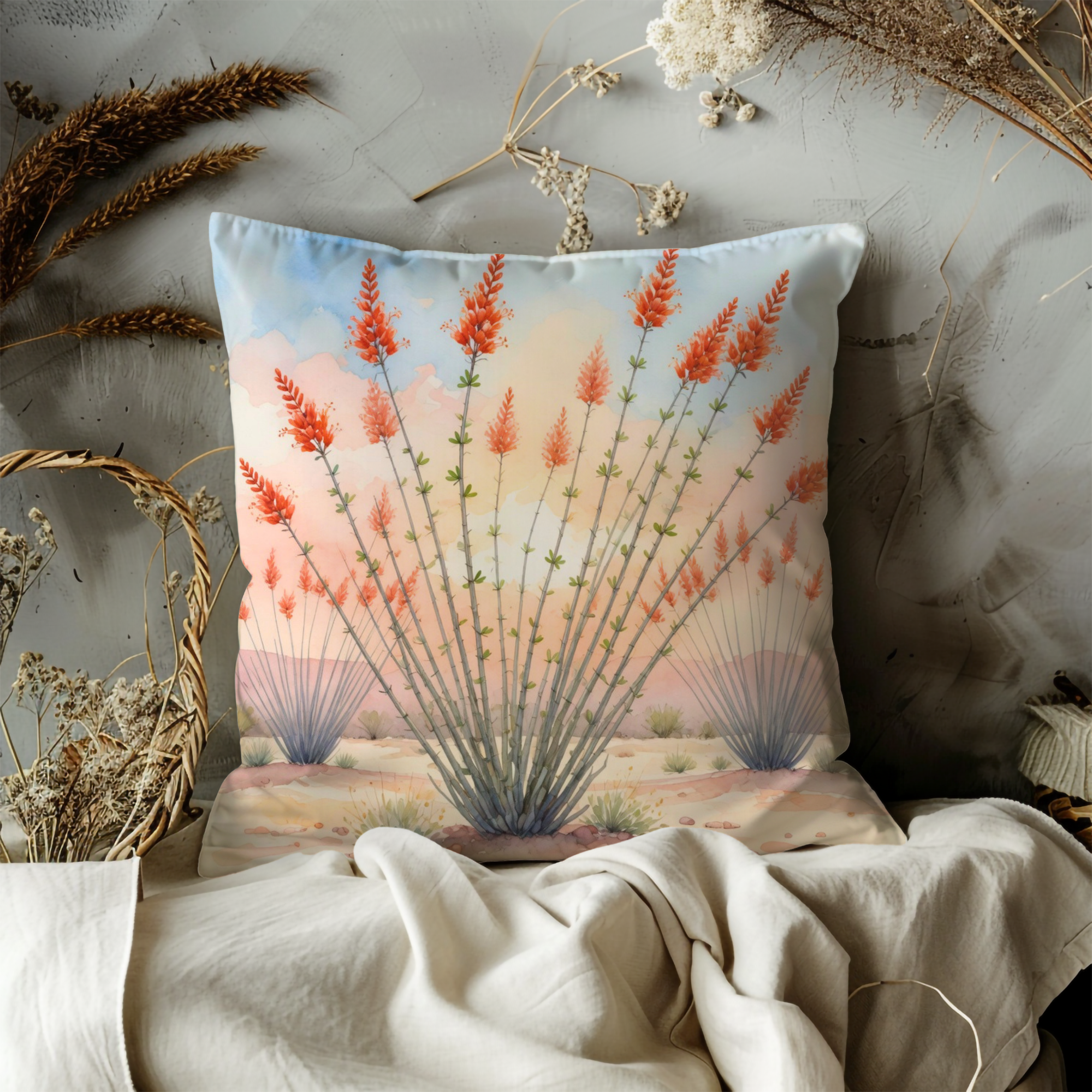 Desert Ocotillo Pillow Cover | Vibrant Sunset Art | Warm Nature Decor