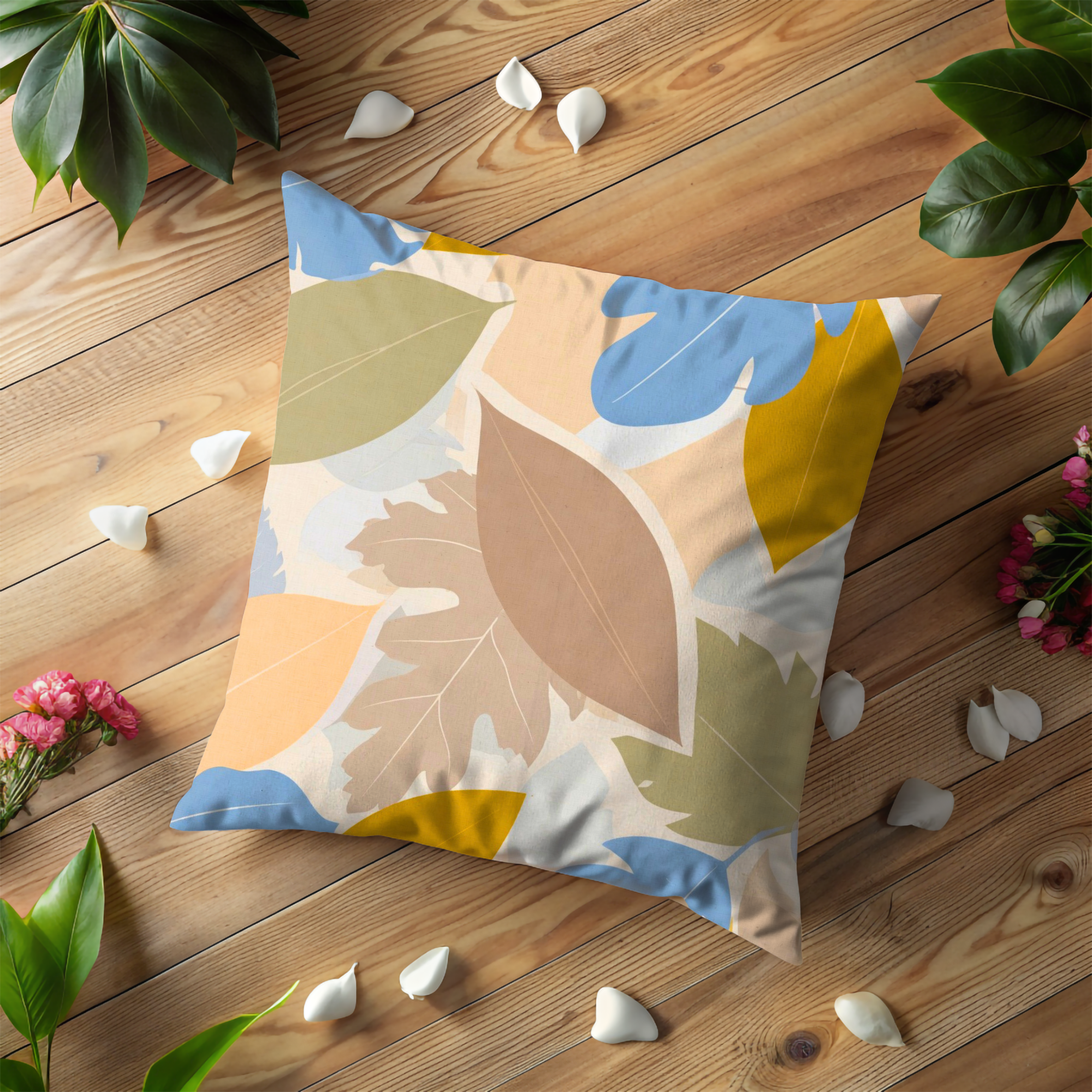 Colorful Leaf Pillow Cover | Modern Botanical Art | Neutral Boho Decor