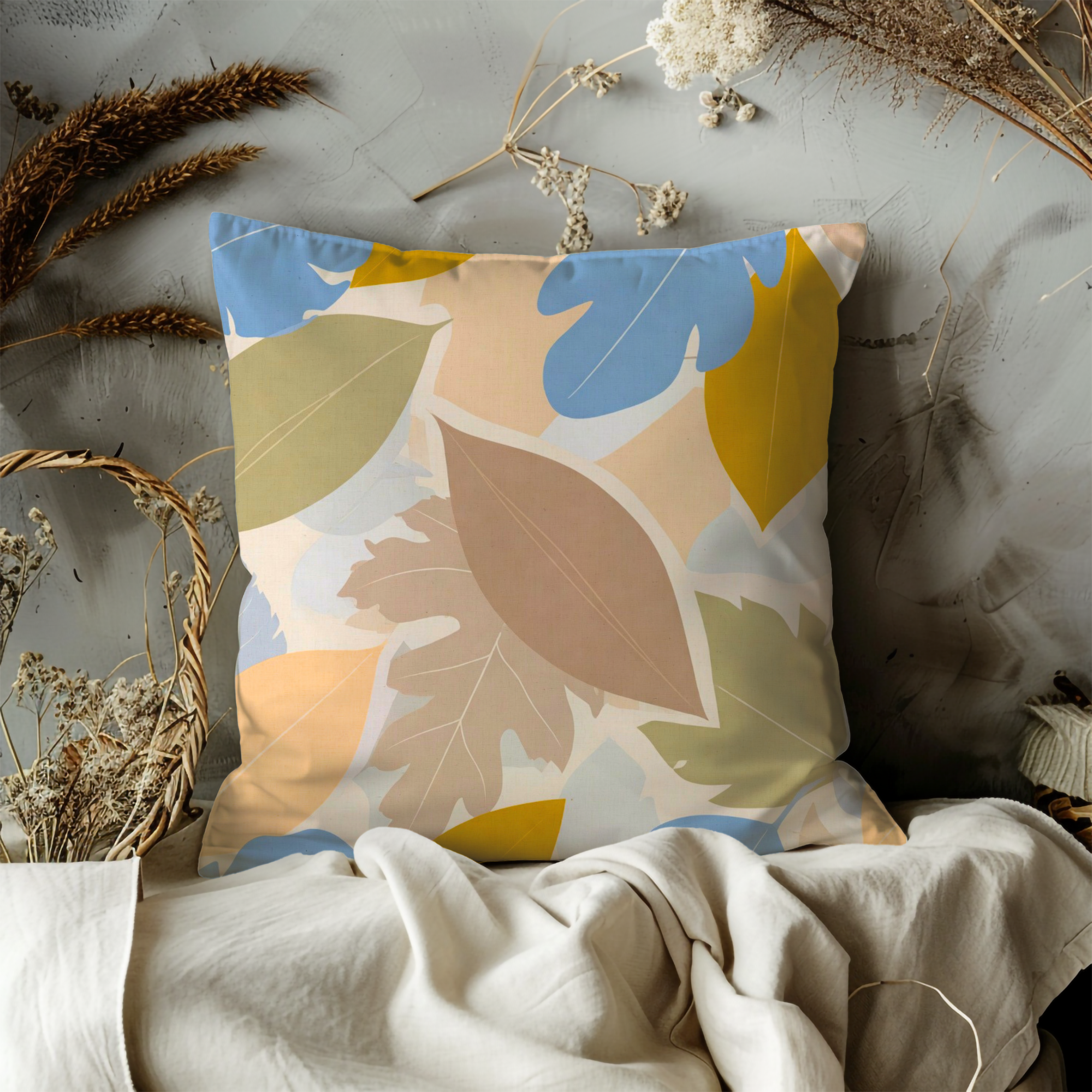 Colorful Leaf Pillow Cover | Modern Botanical Art | Neutral Boho Decor
