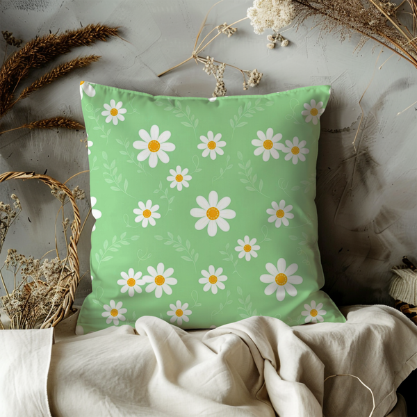 Green Daisy Pillow Cover – Cheerful Floral Art | Fresh Nature Decor