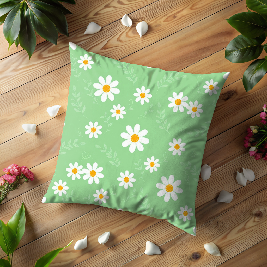 Green Daisy Pillow Cover | Cheerful Floral Art | Fresh Nature Decor