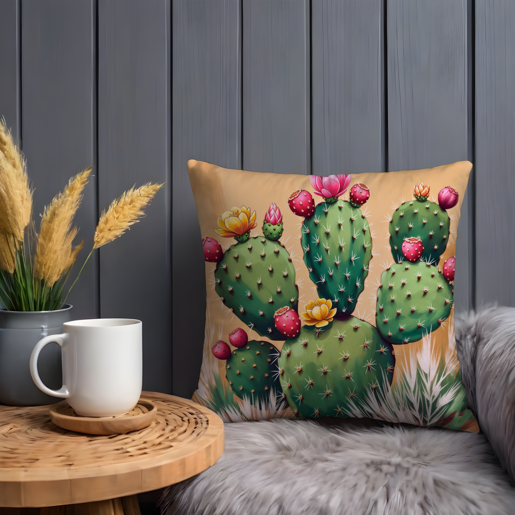 Blooming Cactus Pillow Cover | Desert Floral Art | Southwestern Boho Decor
