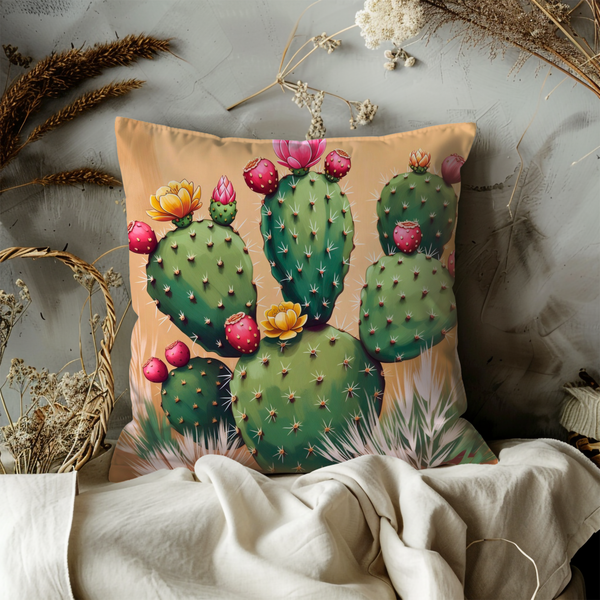 Blooming Cactus Pillow Cover – Desert Floral Art | Southwestern Boho Decor