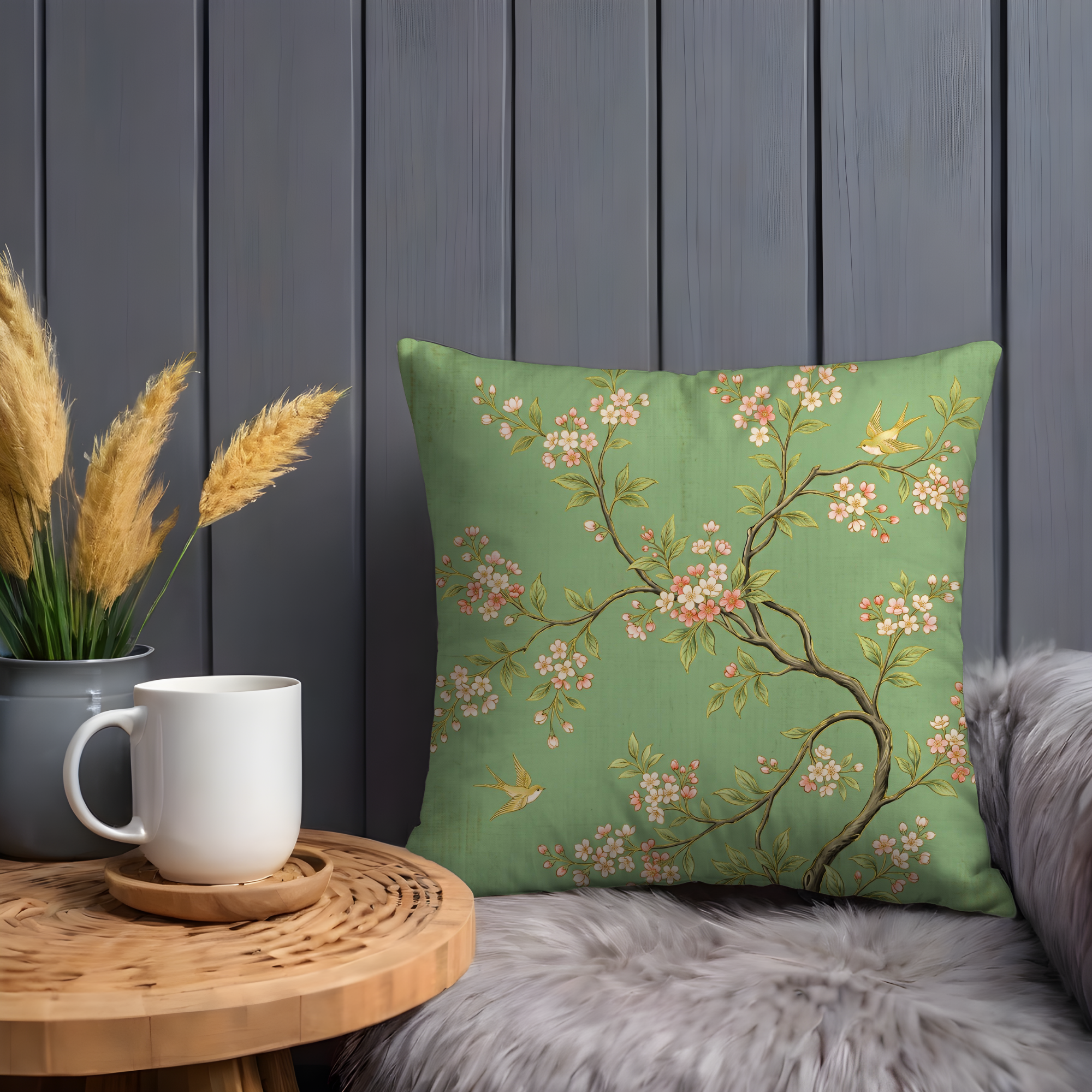 Chinoiserie Blossom Pillow Cover | Elegant Bird Art | Luxe Decor