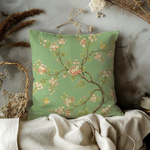 Chinoiserie Blossom Pillow Cover – Elegant Bird Art | Luxe Decor