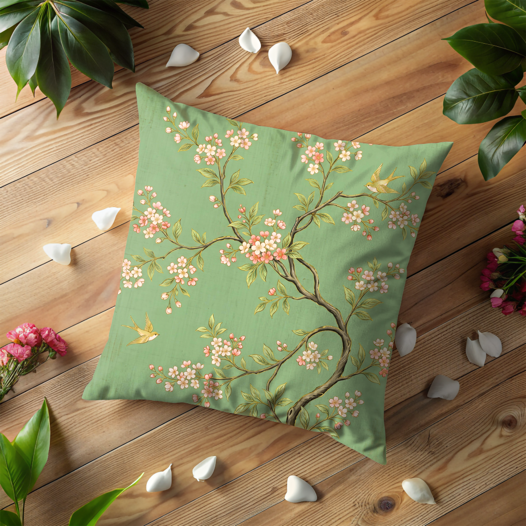 Chinoiserie Blossom Pillow Cover | Elegant Bird Art | Luxe Decor