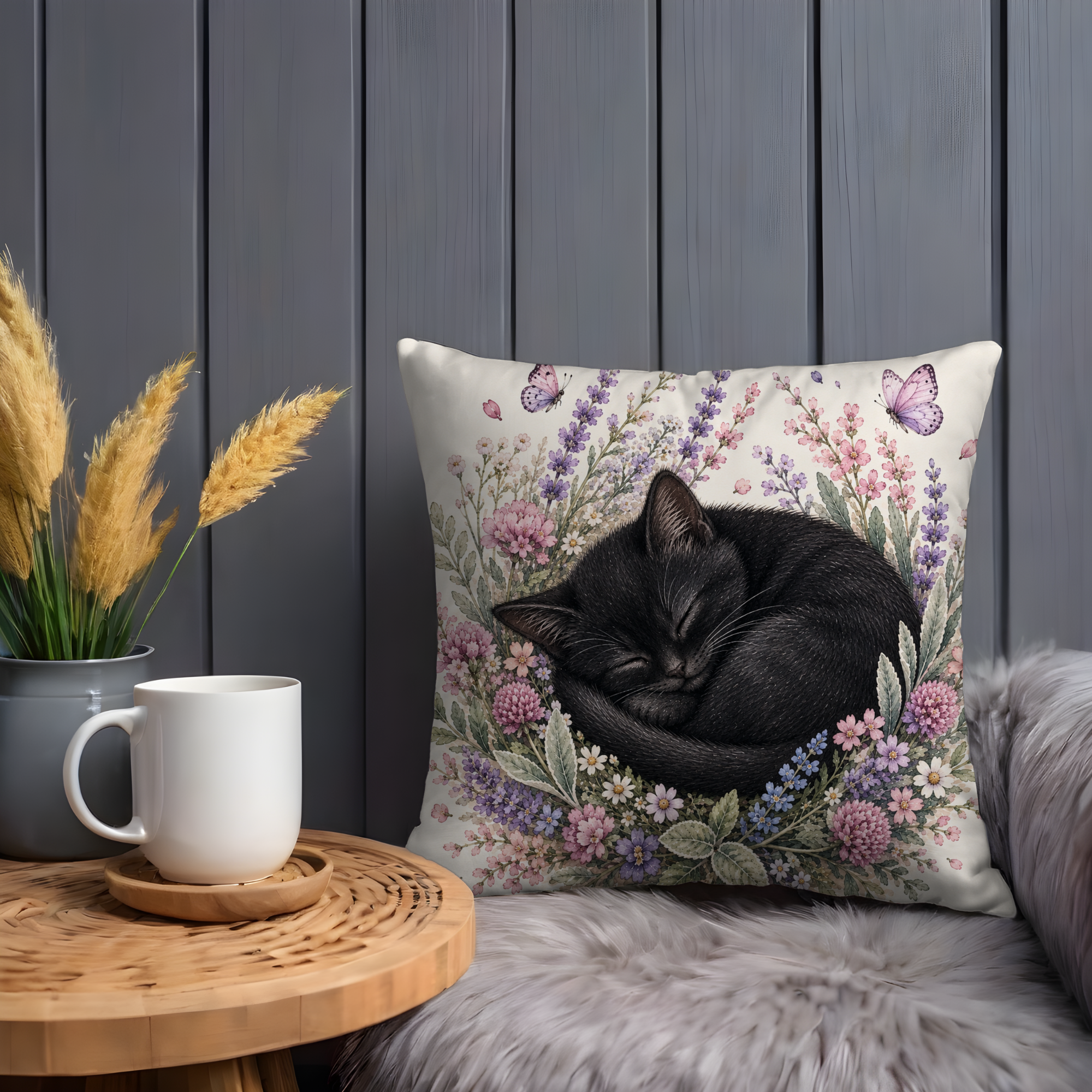 Sleeping Black Cat Pillow Cover | Floral Cottagecore Art | Whimsical Decor
