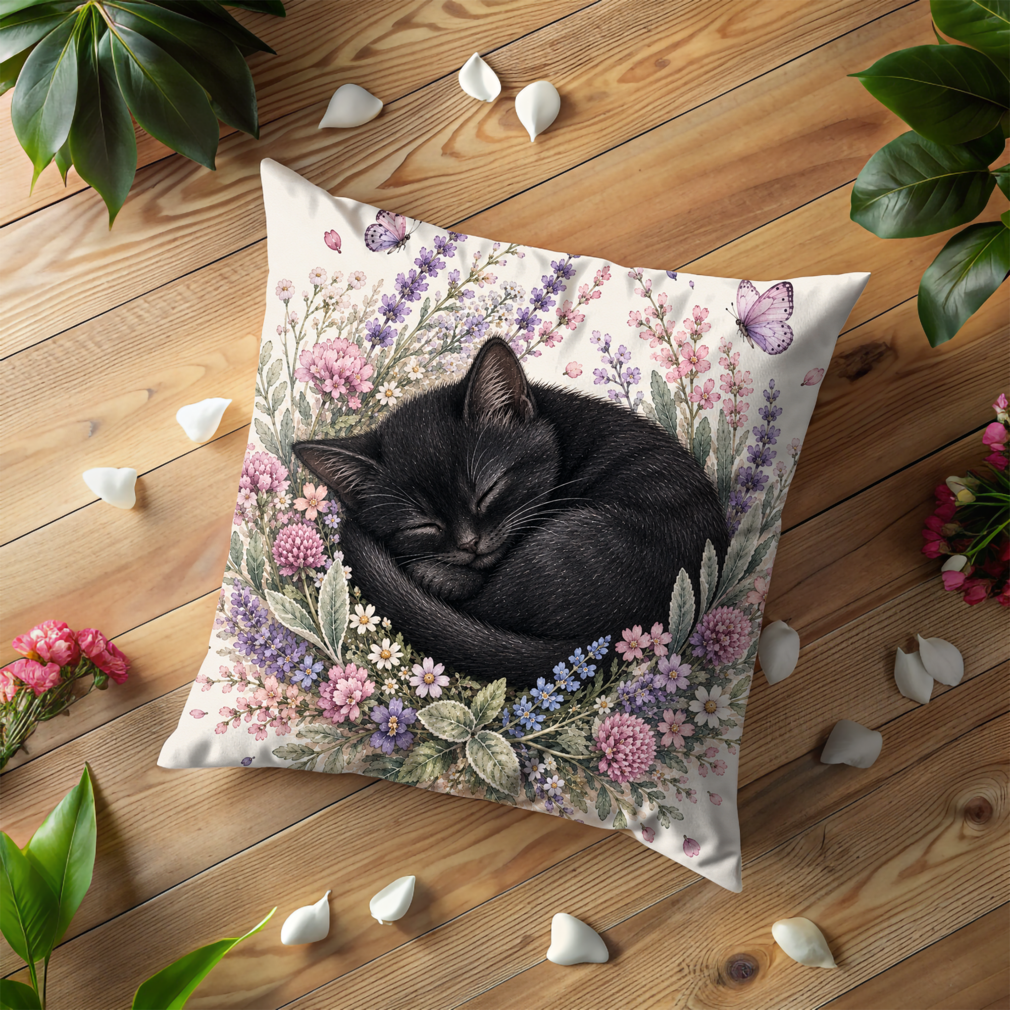 Sleeping Black Cat Pillow Cover | Floral Cottagecore Art | Whimsical Decor