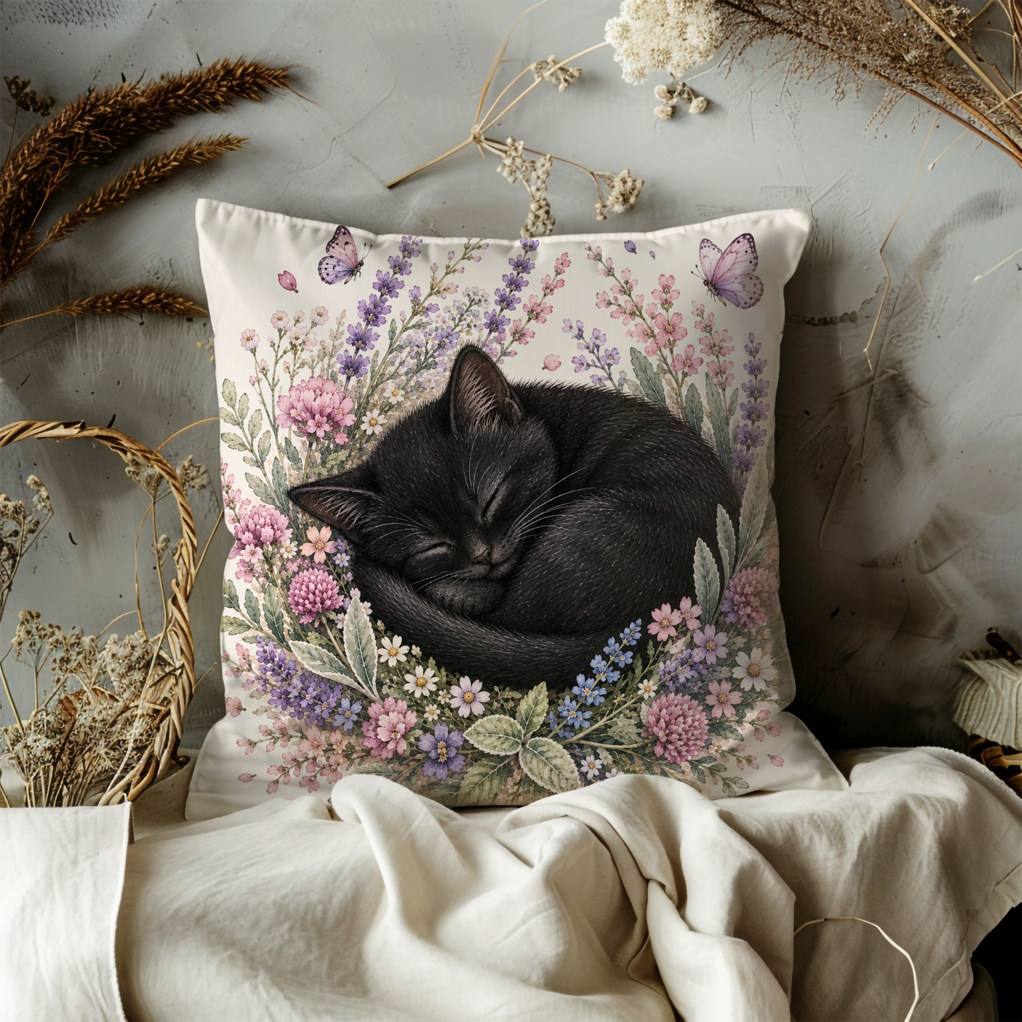 Sleeping Black Cat Pillow Cover | Floral Cottagecore Art | Whimsical Decor