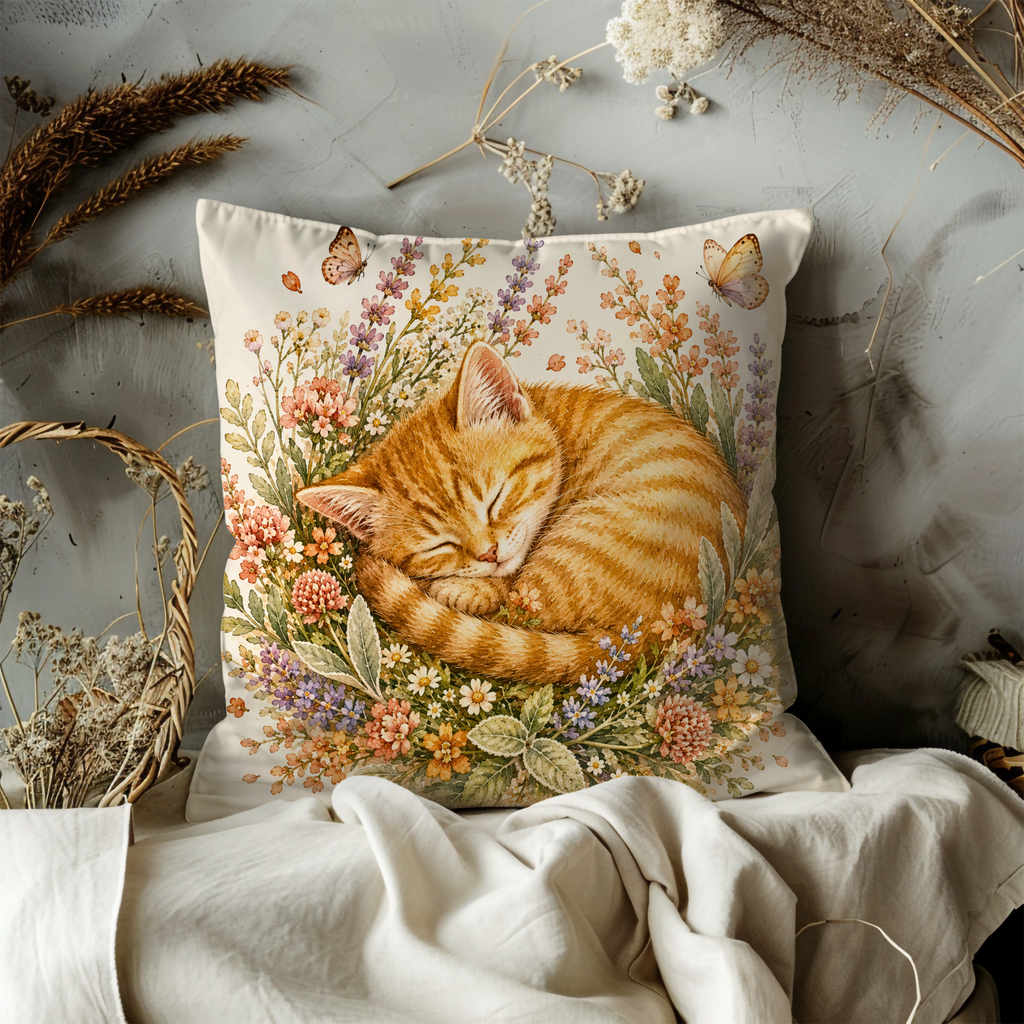Sleeping Ginger Cat Pillow Cover | Cute Floral Art | Soft Nature Decor