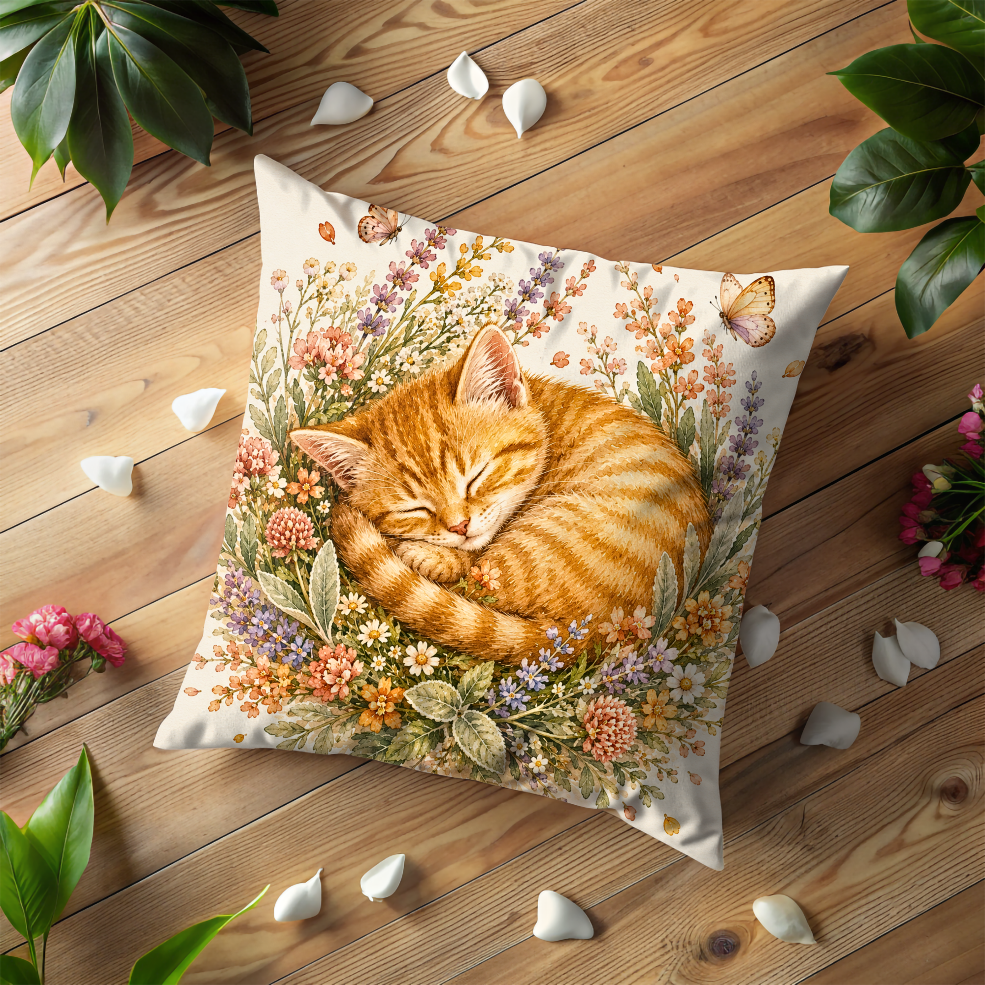 Sleeping Ginger Cat Pillow Cover | Cute Floral Art | Soft Nature Decor