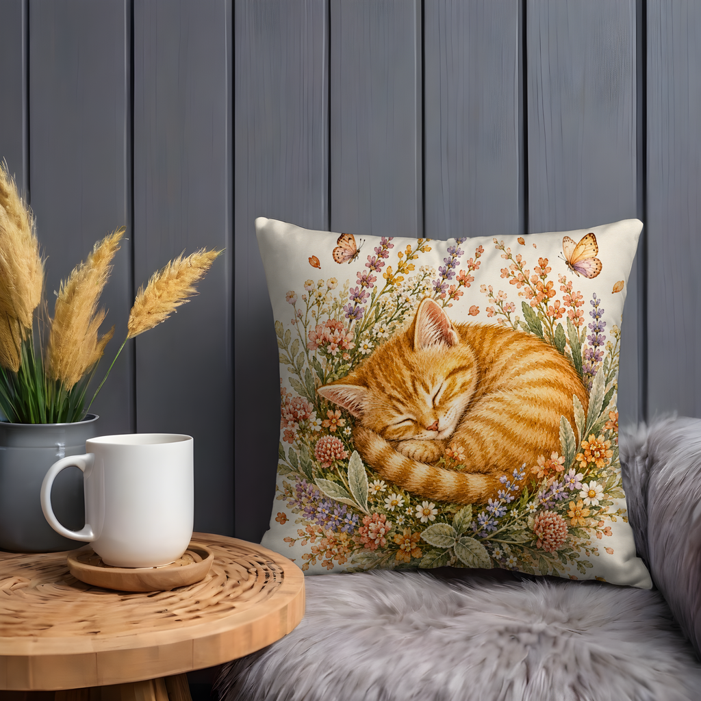 Sleeping Ginger Cat Pillow Cover | Cute Floral Art | Soft Nature Decor