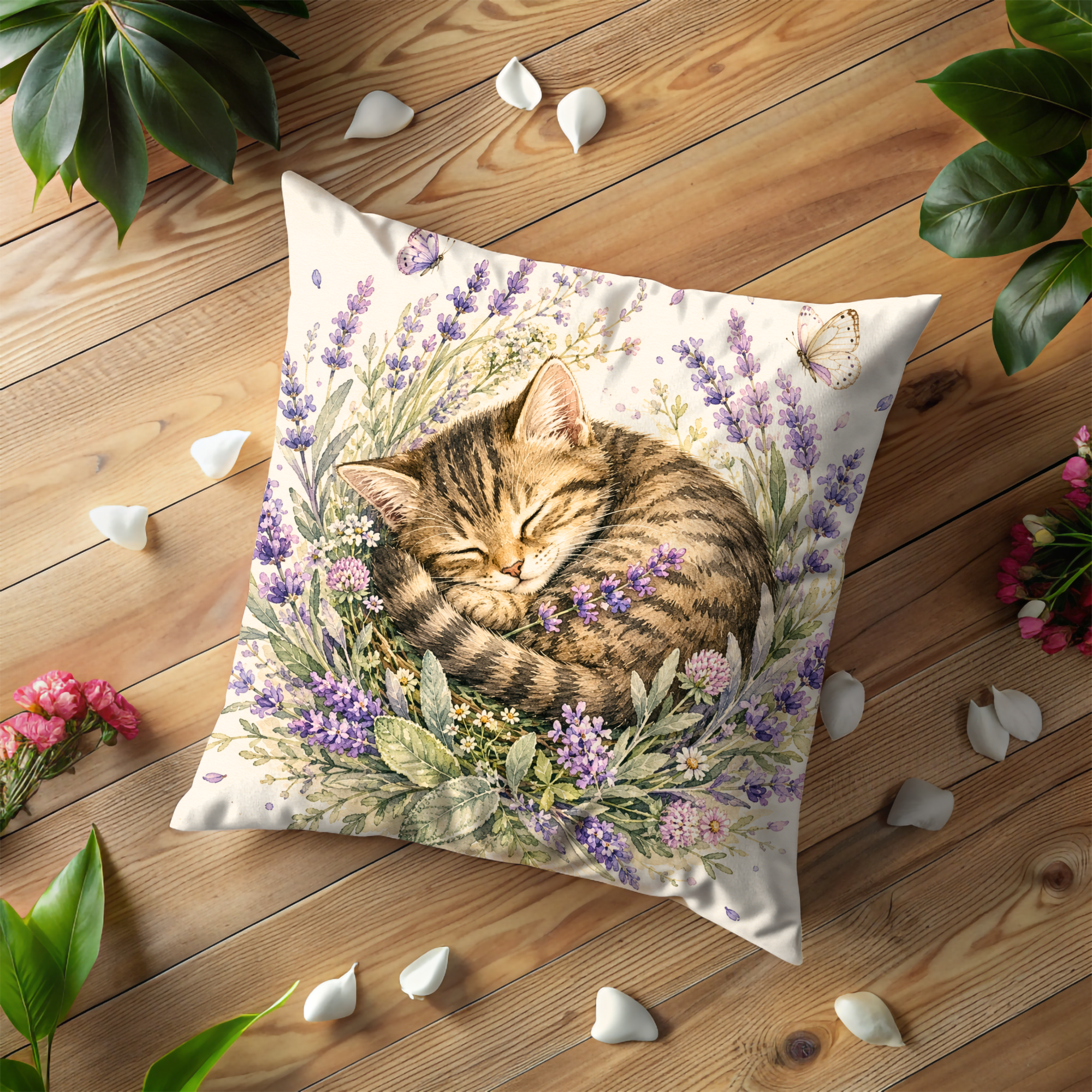 Sleeping Tabby Cat Pillow Cover | Lavender Floral Art | Cottagecore Decor