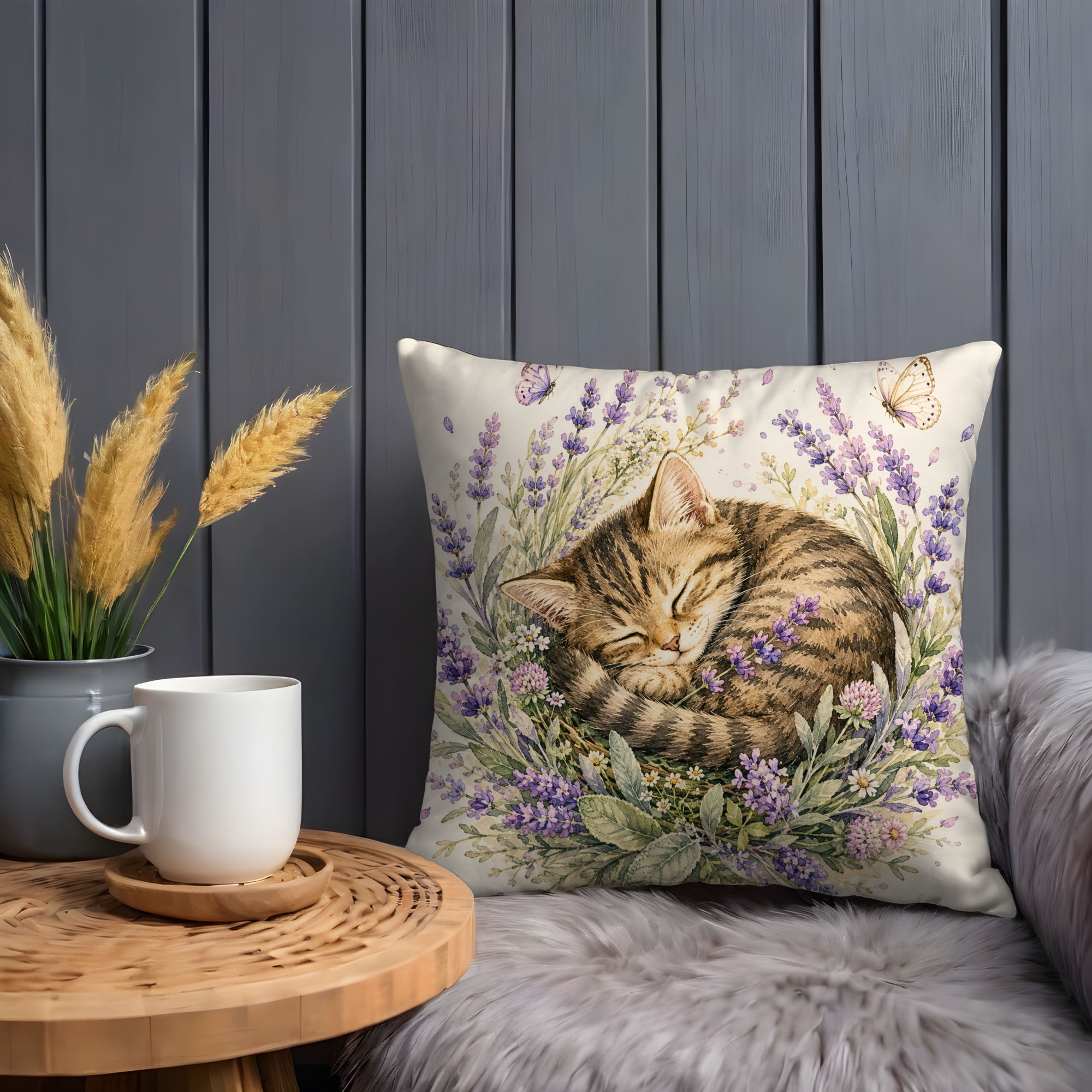 Sleeping Tabby Cat Pillow Cover | Lavender Floral Art | Cottagecore Decor