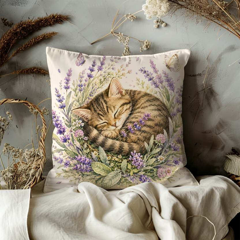 Sleeping Tabby Cat Pillow Cover – Lavender Floral Art | Cottagecore Decor