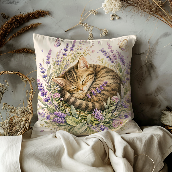 Sleeping Tabby Cat Pillow Cover – Lavender Floral Art | Cottagecore Decor