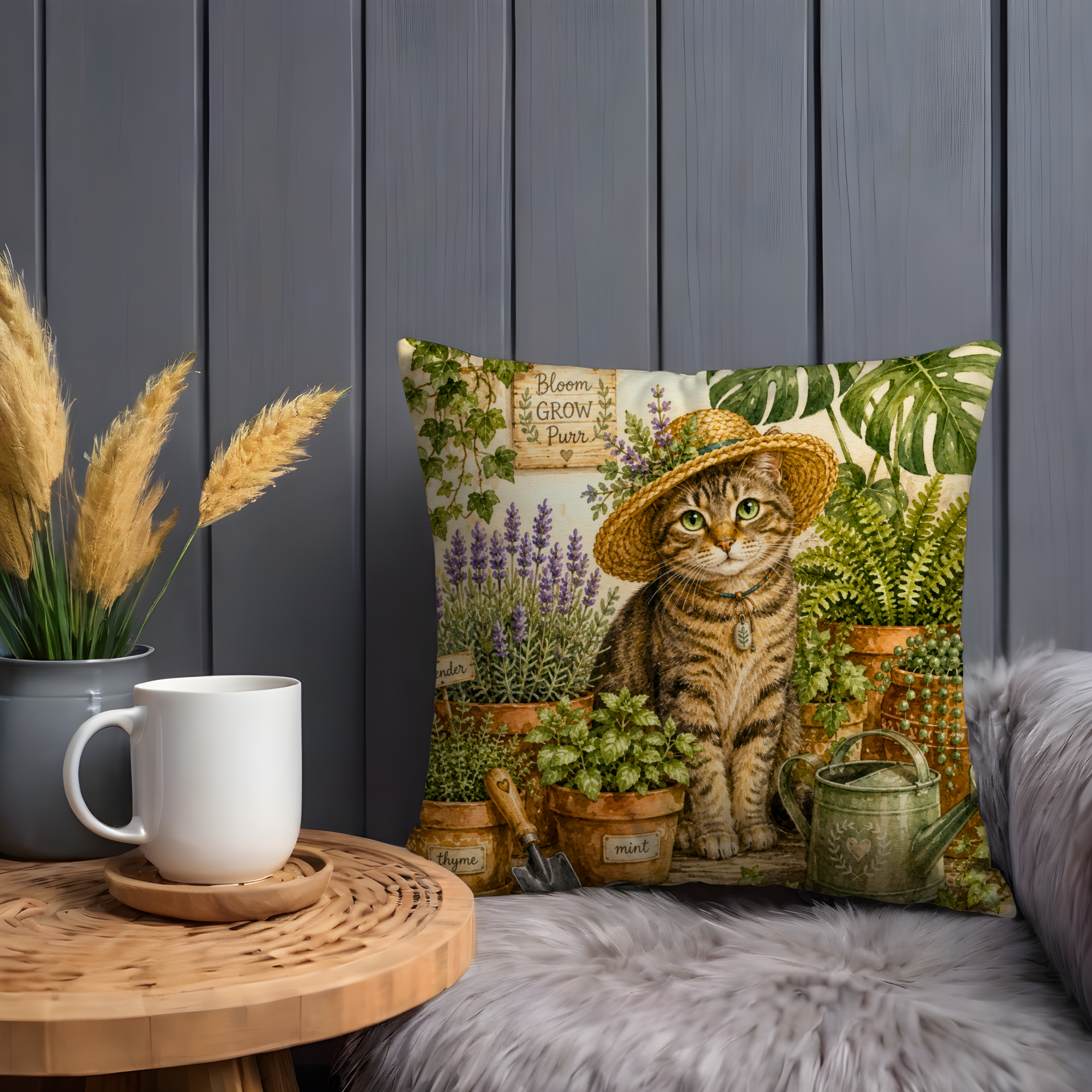 Garden Cat Pillow Cover | Bloom Grow Purr Art | Cute Nature Decor