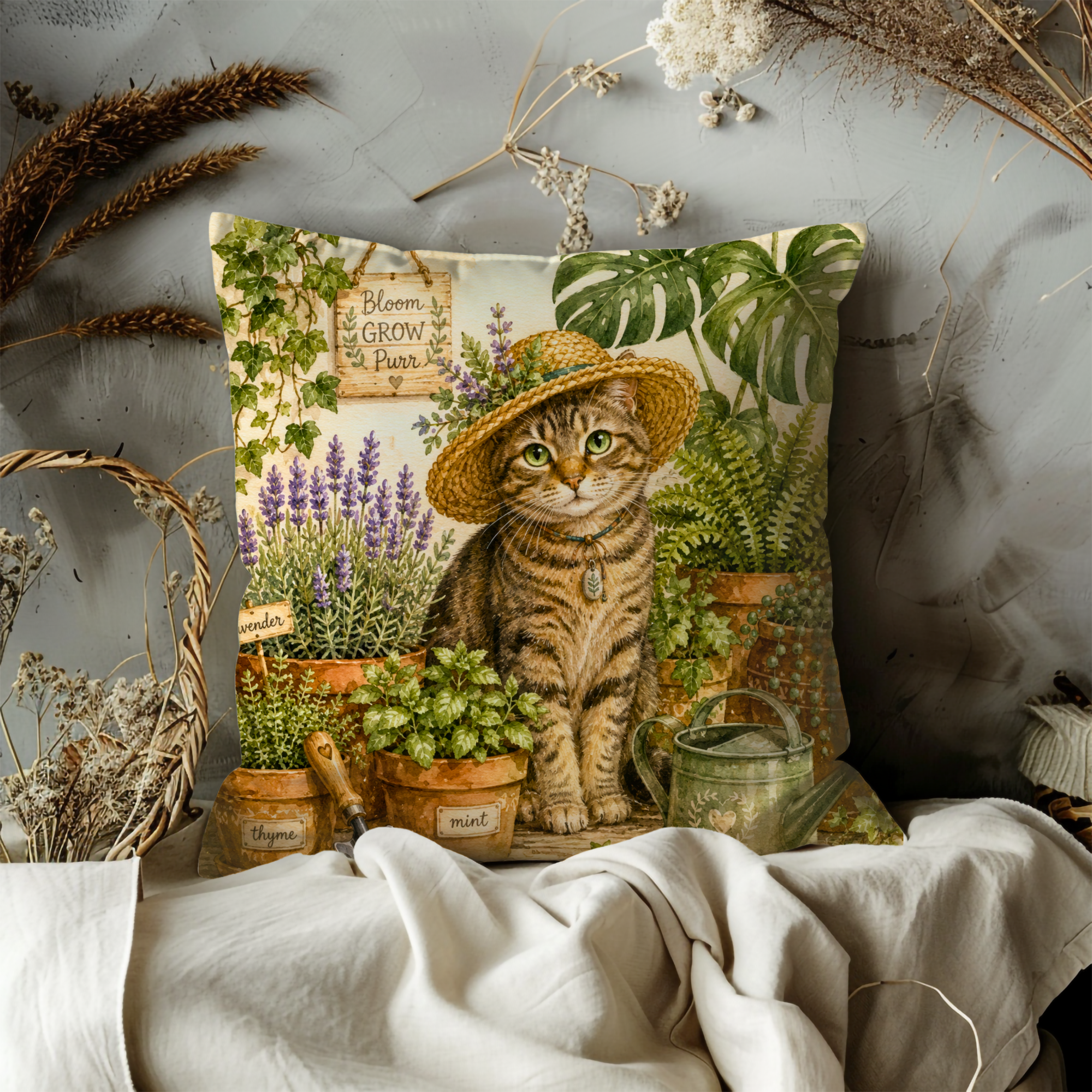 Garden Cat Pillow Cover | Bloom Grow Purr Art | Cute Nature Decor