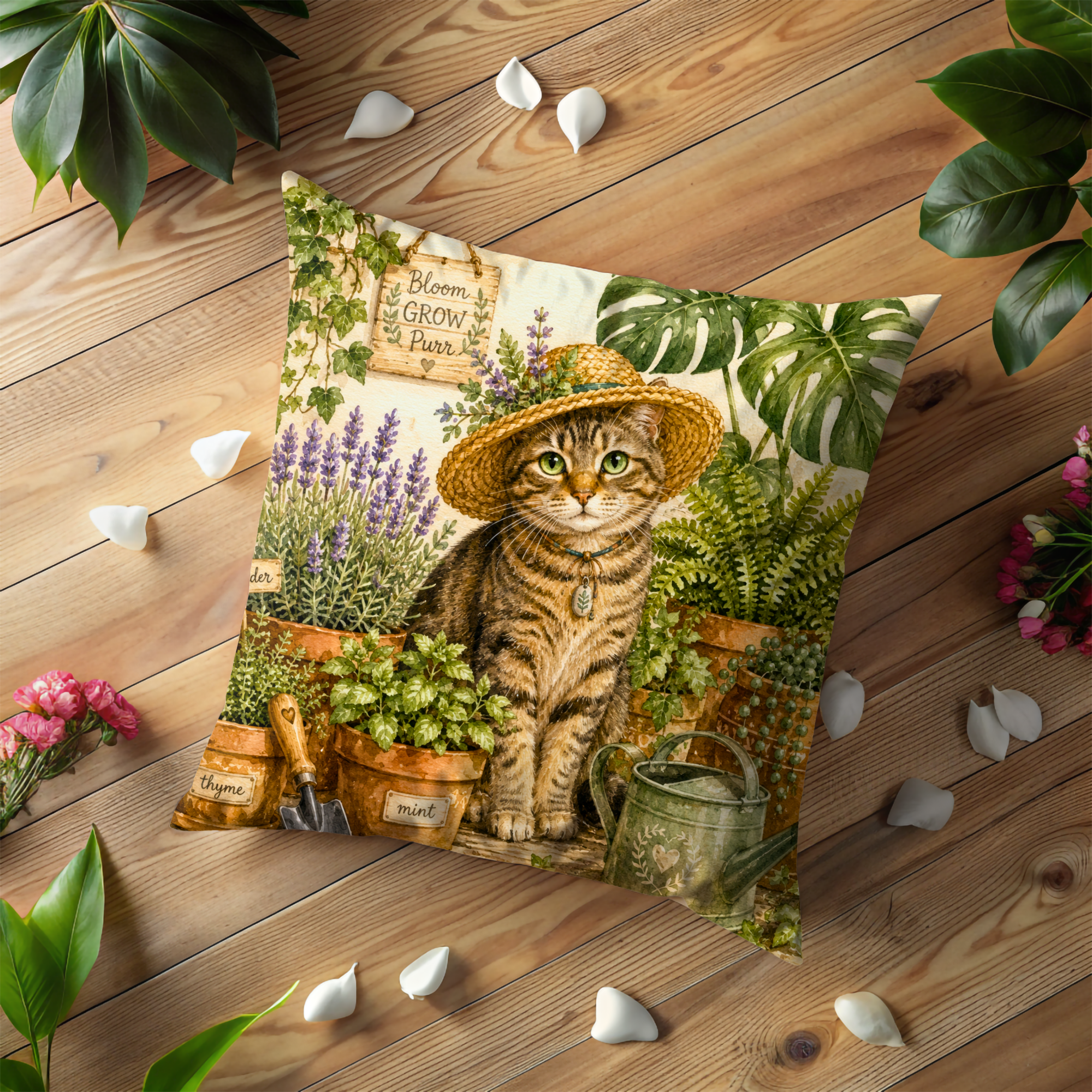 Garden Cat Pillow Cover | Bloom Grow Purr Art | Cute Nature Decor