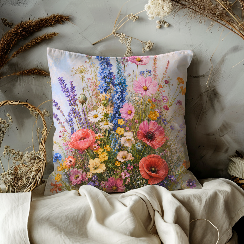Wildflower Meadow Pillow Cover – Colorful Floral Art | Cottagecore Decor
