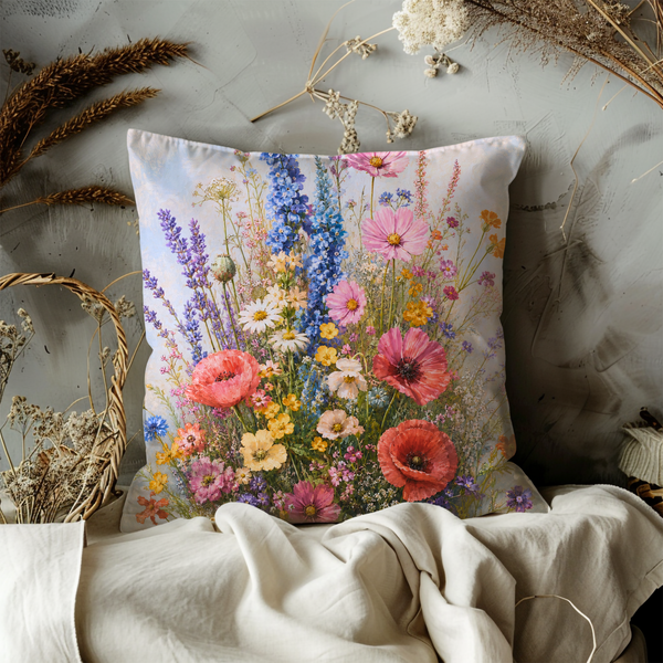 Wildflower Meadow Pillow Cover – Colorful Floral Art | Cottagecore Decor