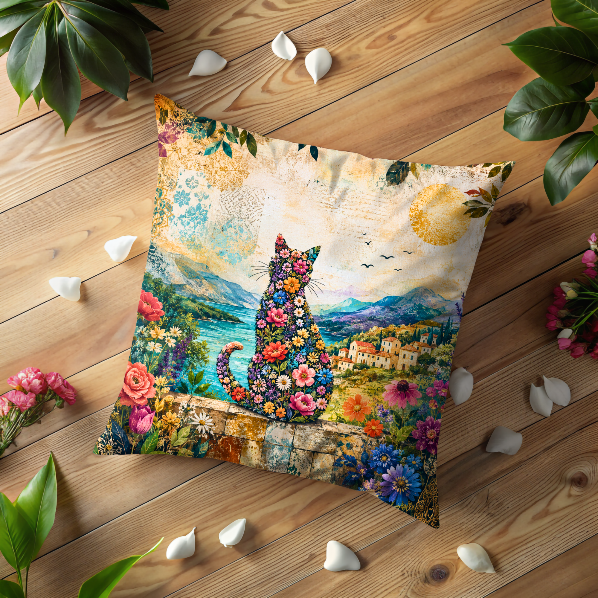 Floral Cat Landscape Pillow Cover | Vibrant Nature Art | Bohemian Decor
