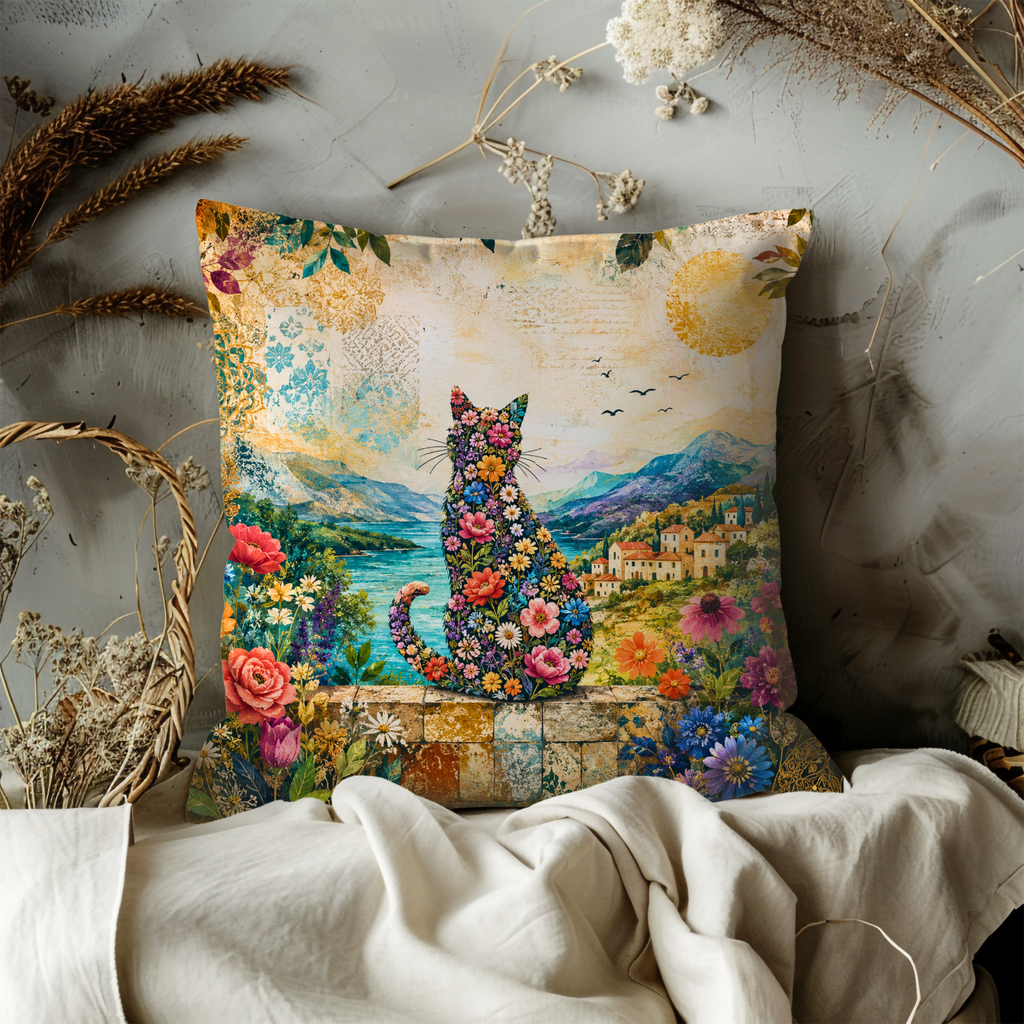 Floral Cat Landscape Pillow Cover | Vibrant Nature Art | Bohemian Decor