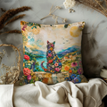 Floral Cat Landscape Pillow Cover | Vibrant Nature Art | Bohemian Decor