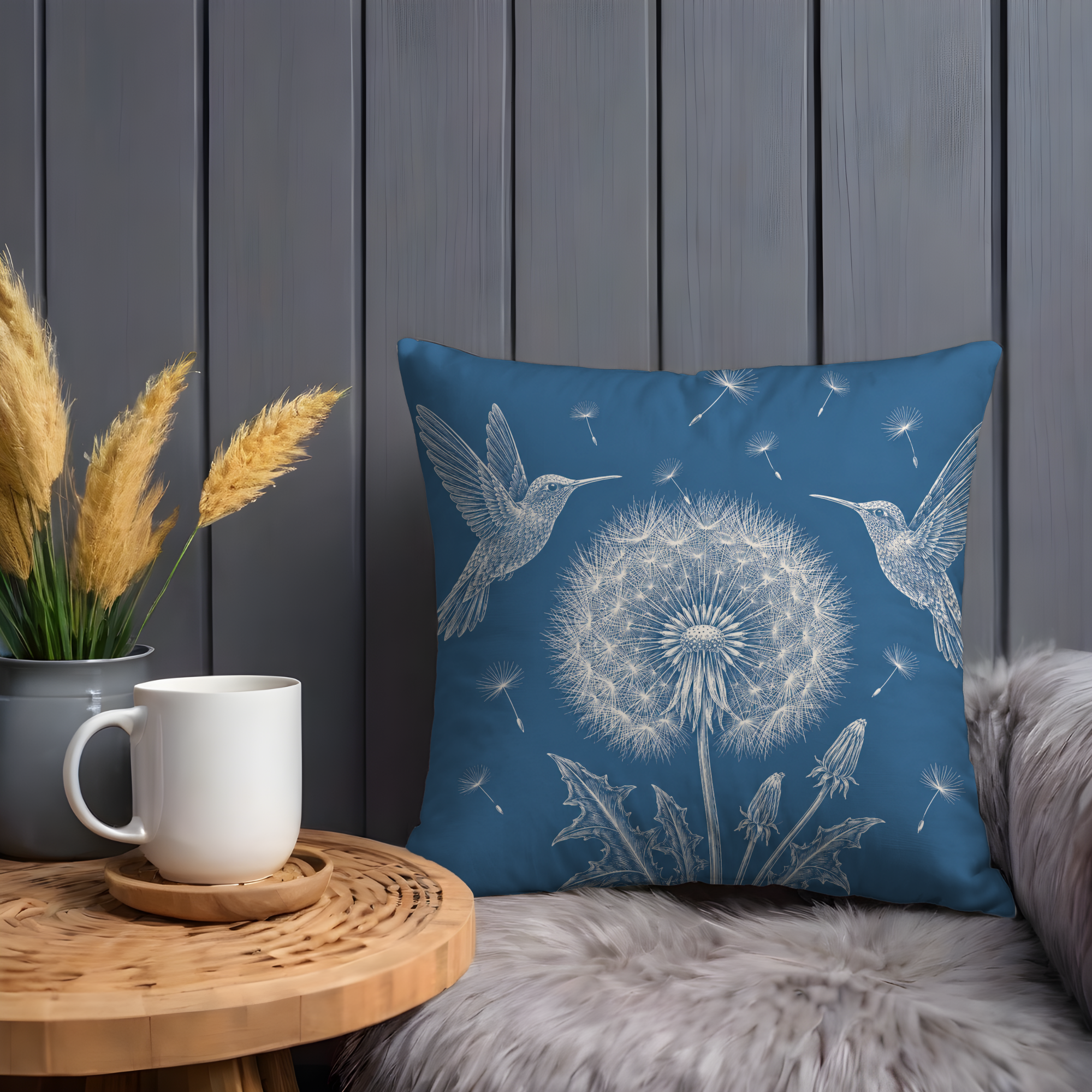 Hummingbird Dandelion Pillow Cover | Blue Botanical Art | Whimsical Decor
