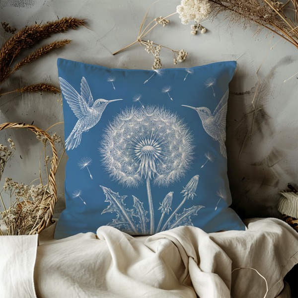 Hummingbird Dandelion Pillow Cover – Blue Botanical Art | Whimsical Decor
