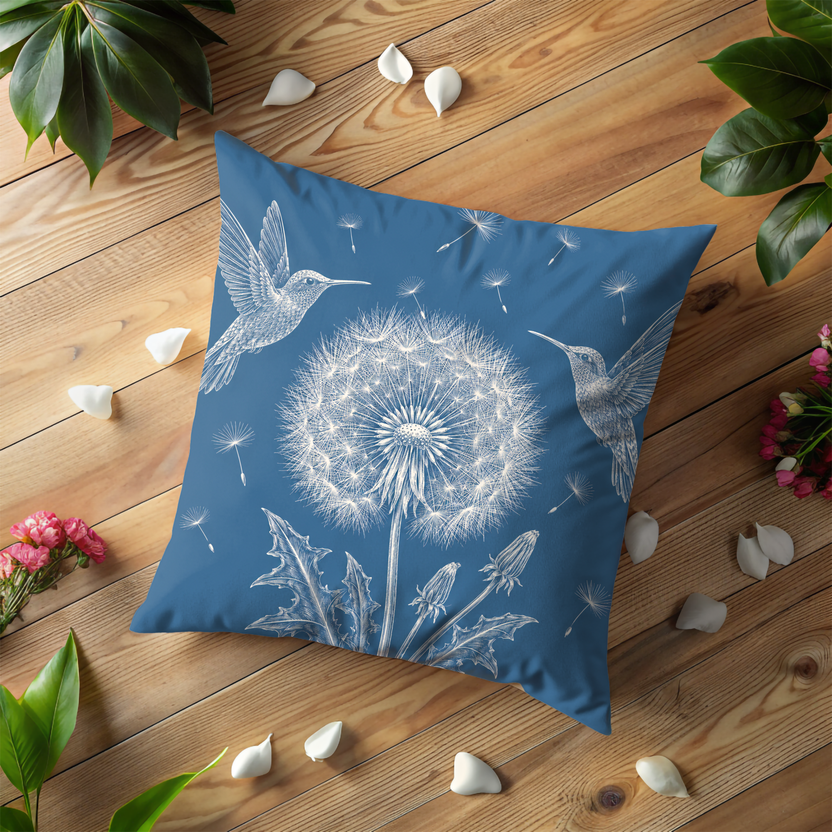 Hummingbird Dandelion Pillow Cover – Blue Botanical Art | Whimsical Decor