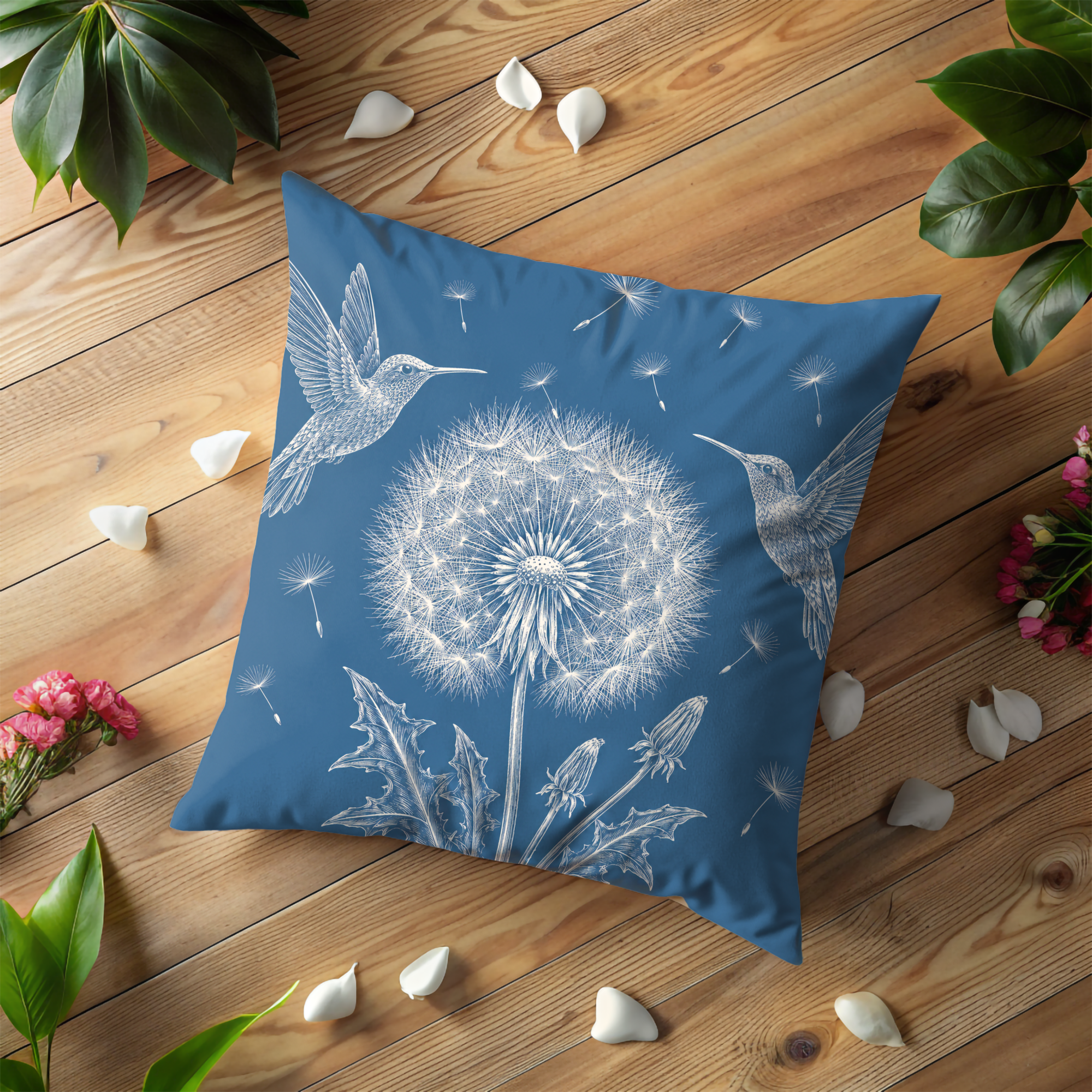 Hummingbird Dandelion Pillow Cover | Blue Botanical Art | Whimsical Decor